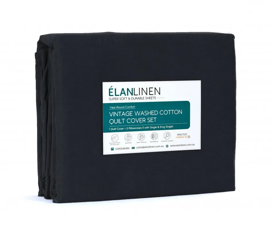 100% Egyptian Cotton Vintage Washed Quilt Cover Set I Double I Charcoal