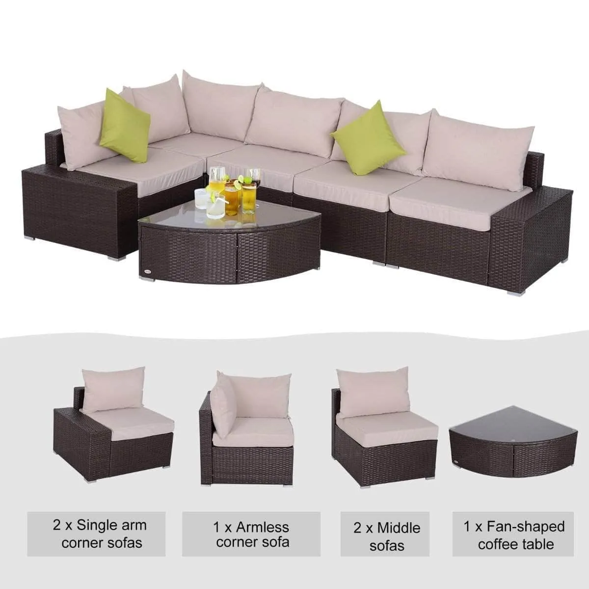6 Piece Outdoor Patio Wicker Rattan Modular Sectional Sofa with Coffee Table in Khaki