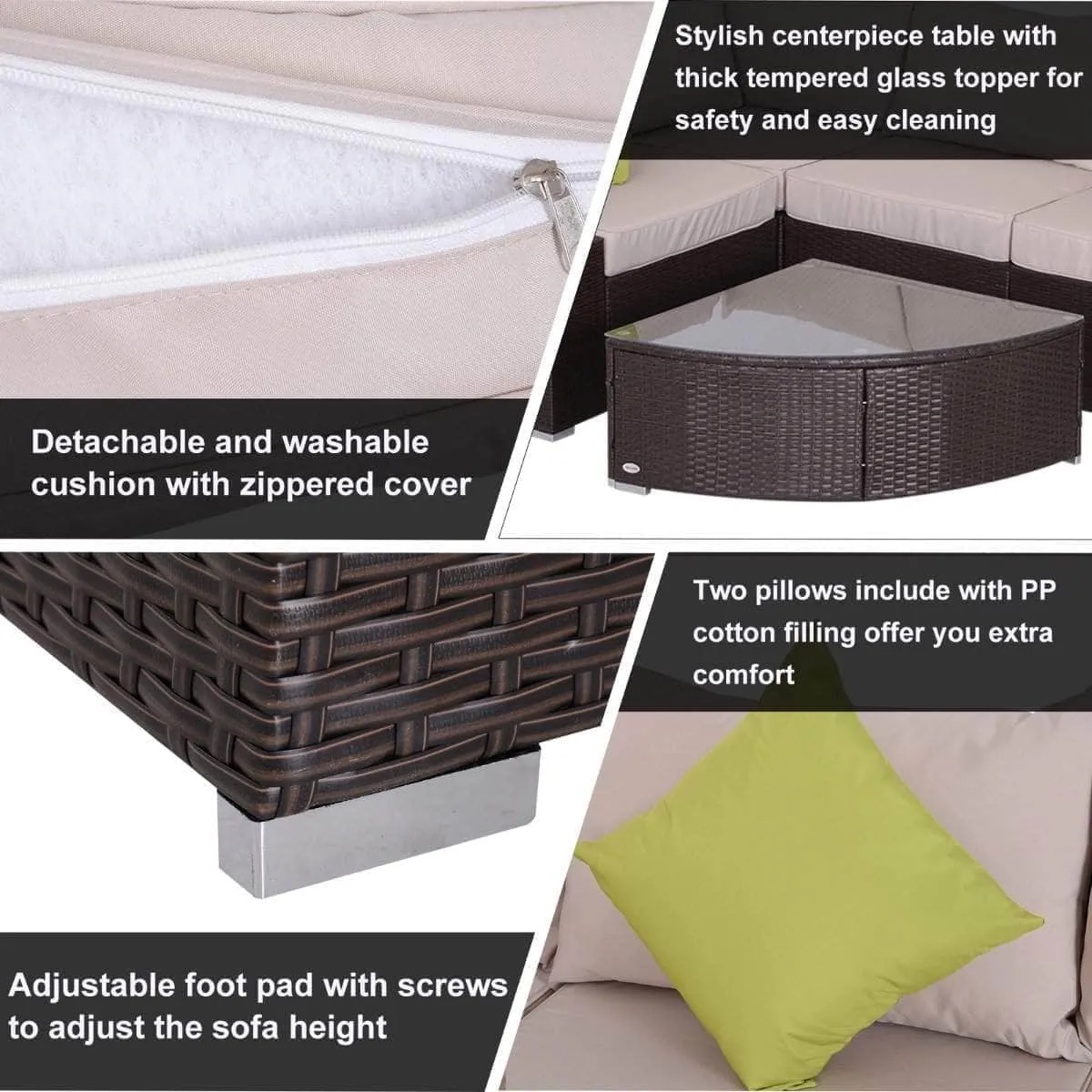 6 Piece Outdoor Patio Wicker Rattan Modular Sectional Sofa with Coffee Table in Khaki