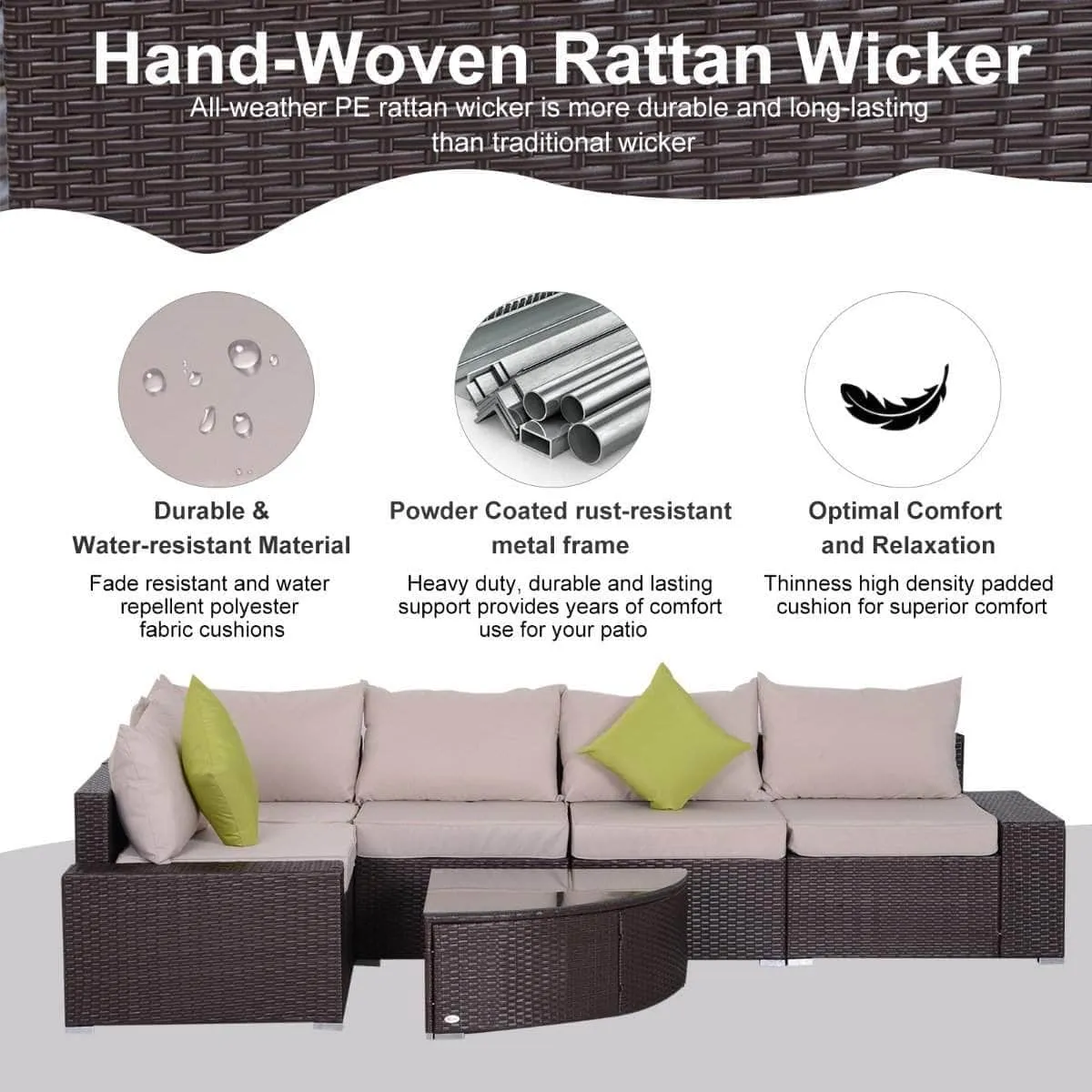 6 Piece Outdoor Patio Wicker Rattan Modular Sectional Sofa with Coffee Table in Khaki