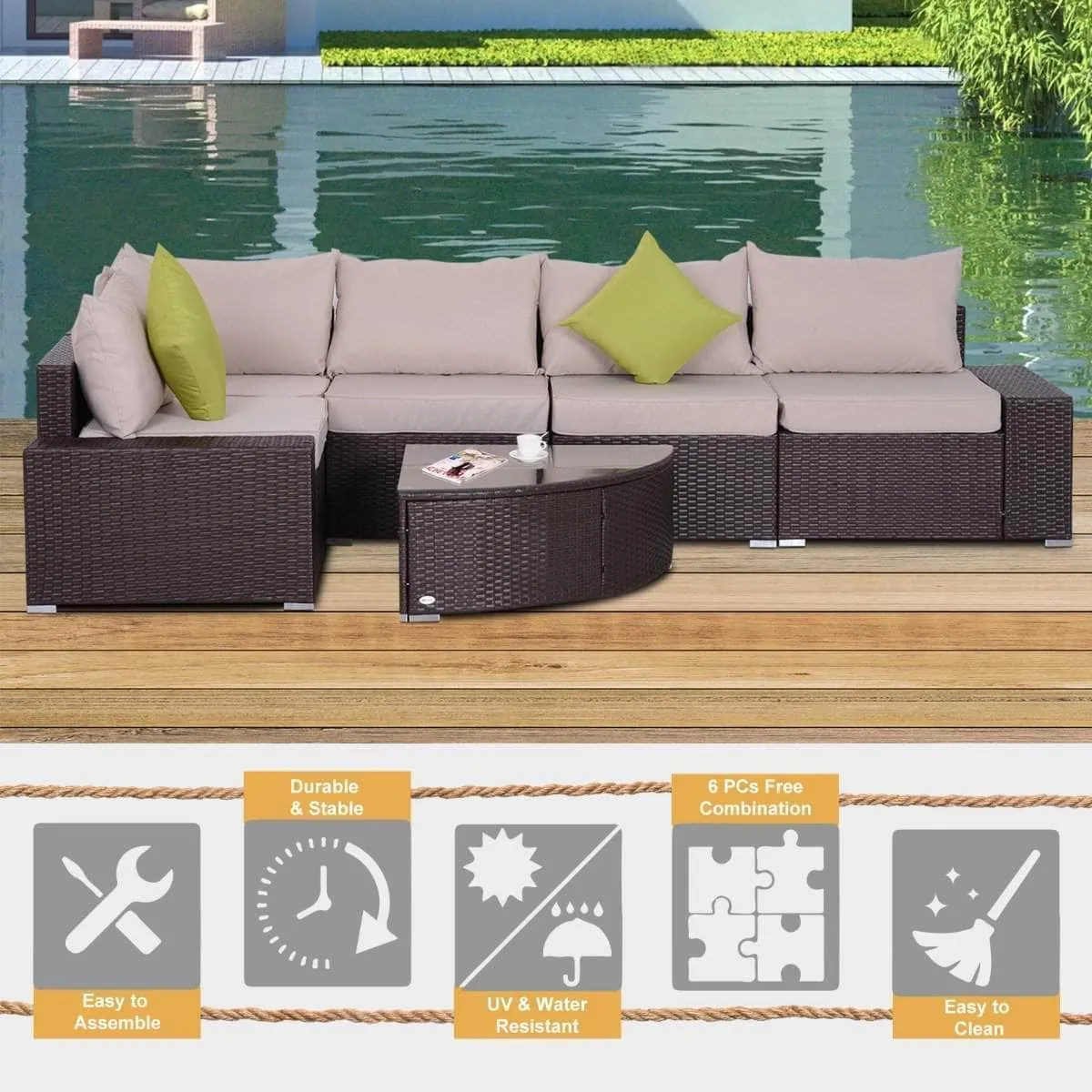 6 Piece Outdoor Patio Wicker Rattan Modular Sectional Sofa with Coffee Table in Khaki