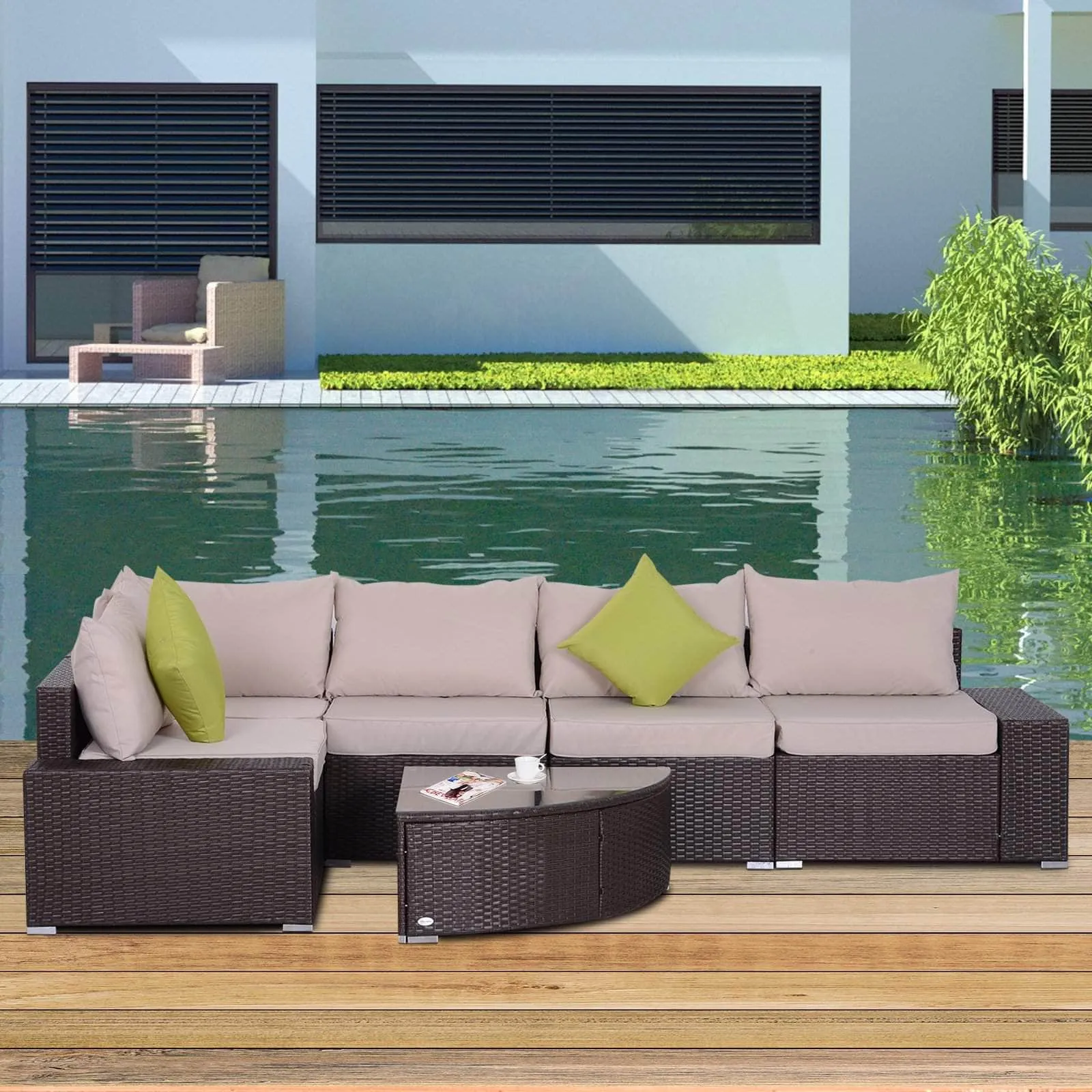 6 Piece Outdoor Patio Wicker Rattan Modular Sectional Sofa with Coffee Table in Khaki