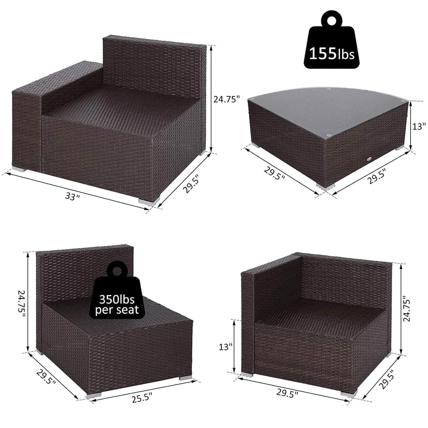 6 Piece Outdoor Patio Wicker Rattan Modular Sectional Sofa with Coffee Table in Khaki