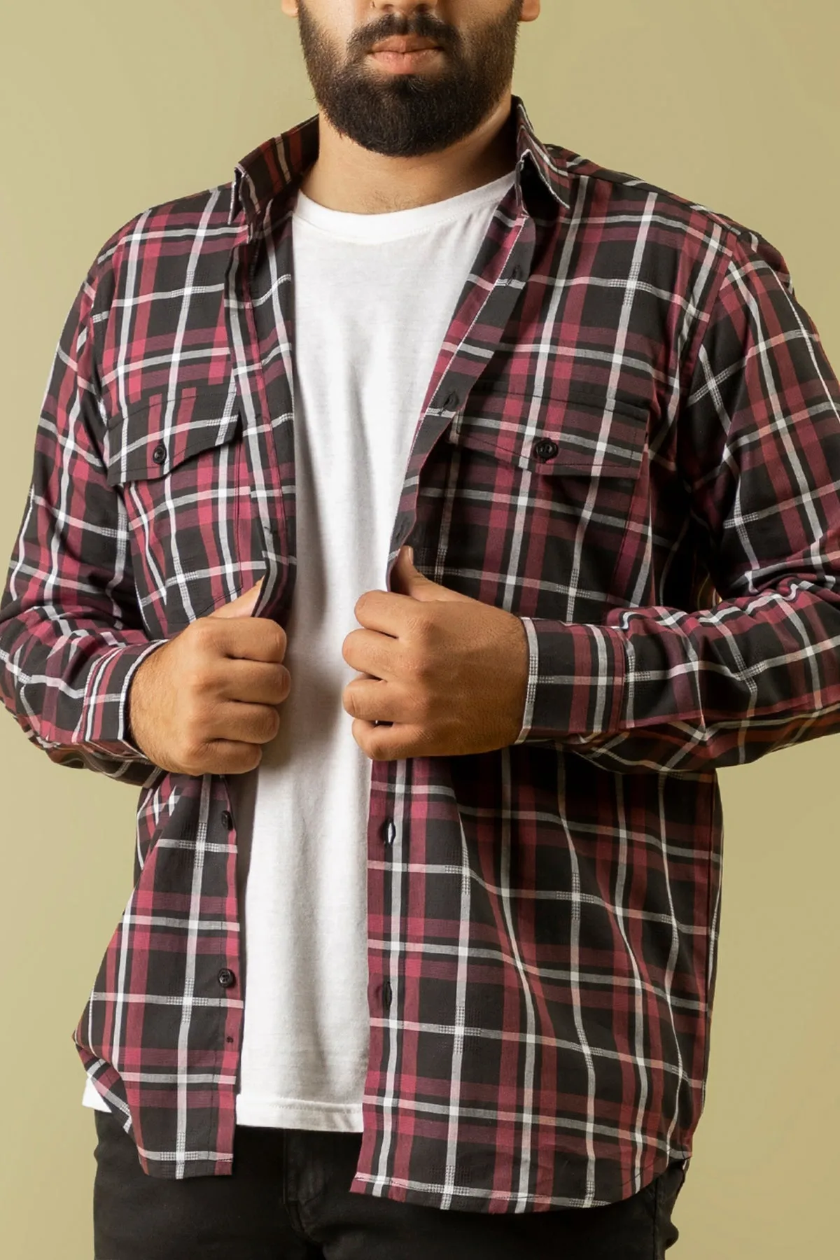 Black & Maroon Checkered Shirt - W23 - MS0078R