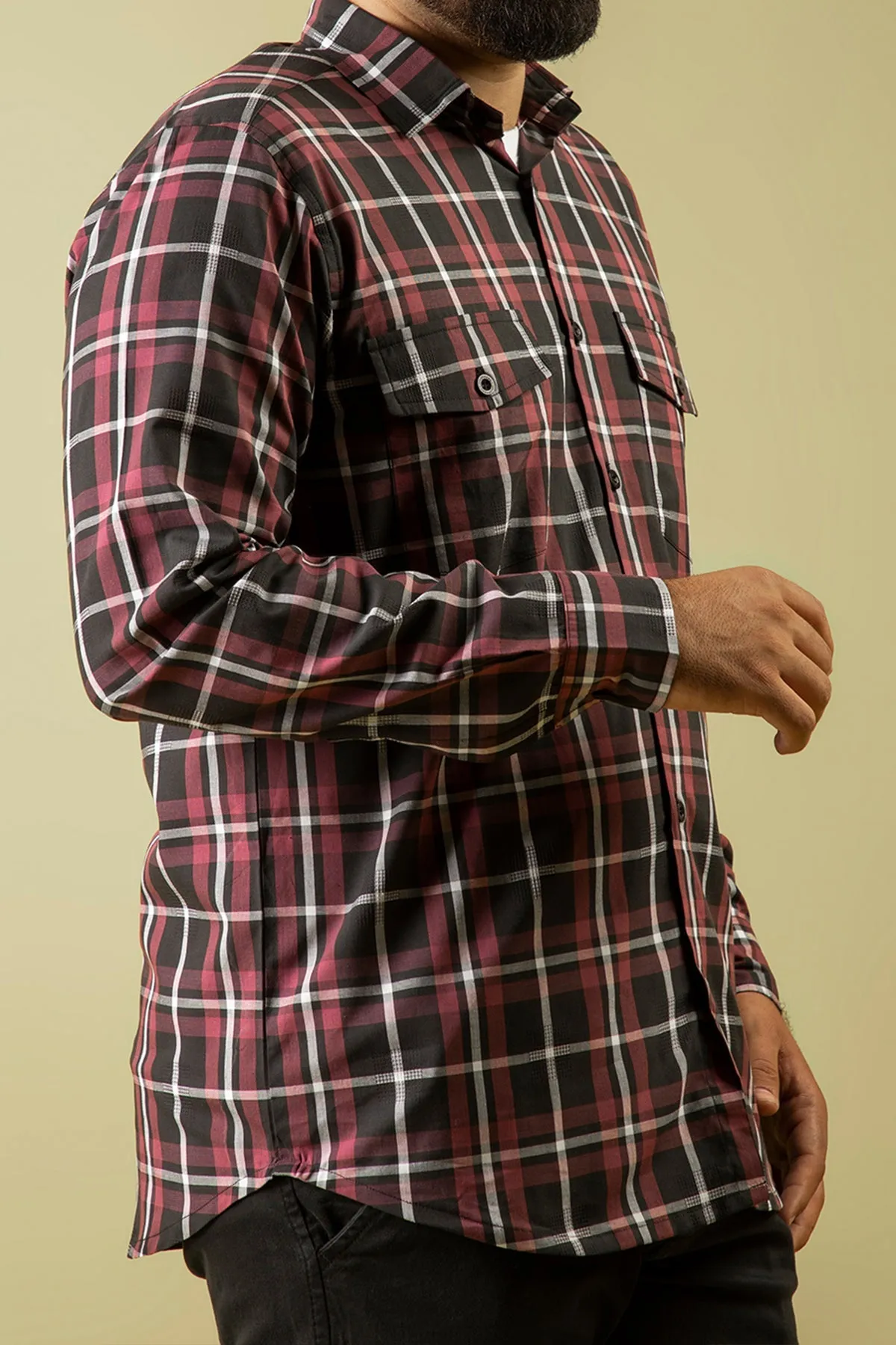 Black & Maroon Checkered Shirt - W23 - MS0078R