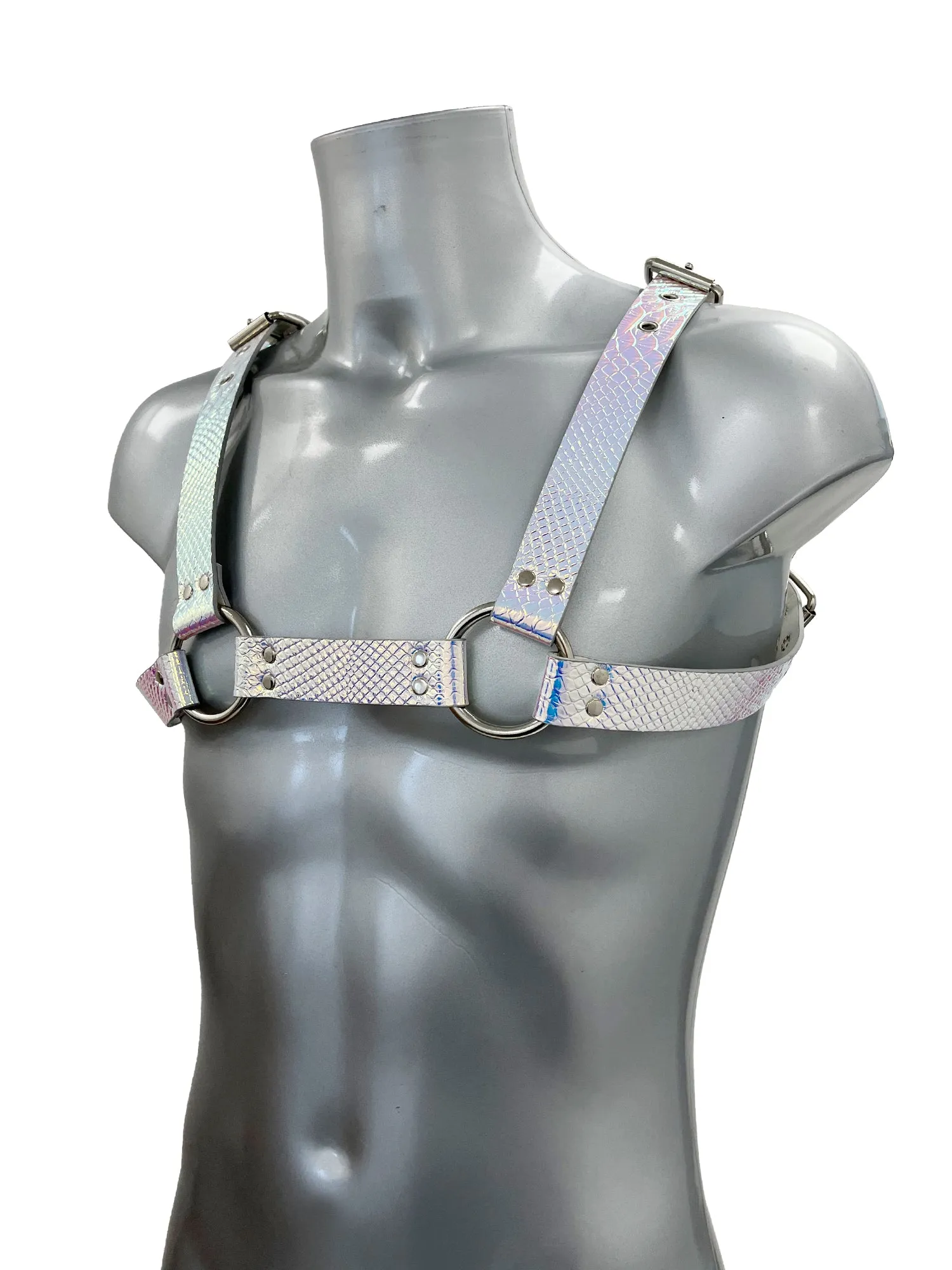 Bold Buckled Chest Harness - Iridescent Silver