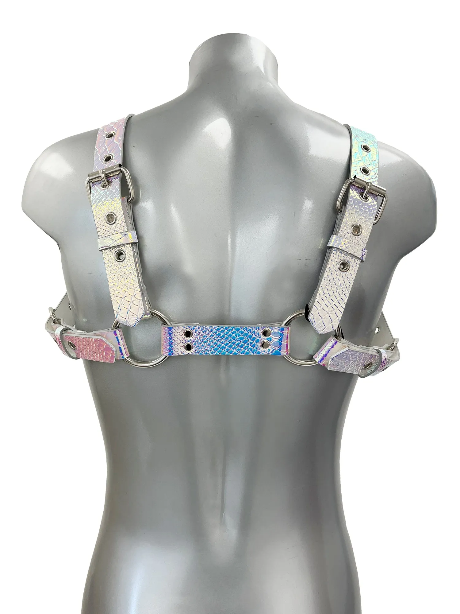 Bold Buckled Chest Harness - Iridescent Silver