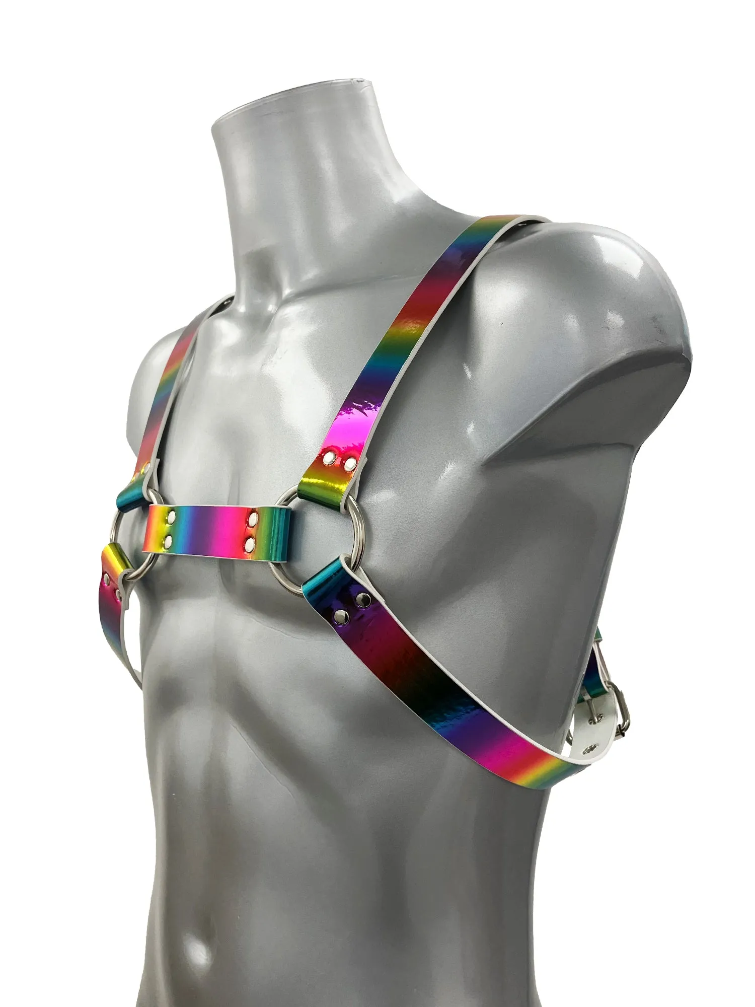 Bold Buckled Chest Harness - Iridescent Silver
