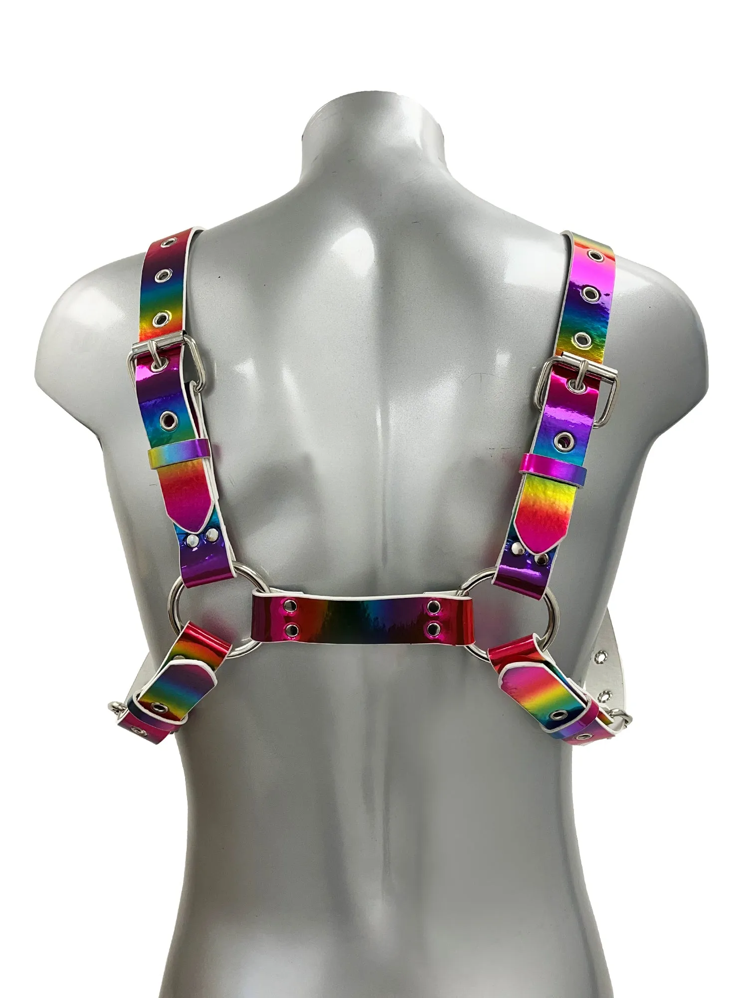 Bold Buckled Chest Harness - Iridescent Silver