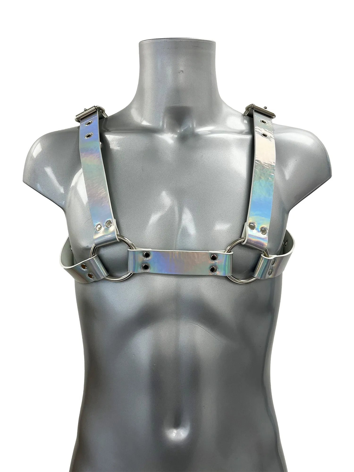Bold Buckled Chest Harness - Iridescent Silver