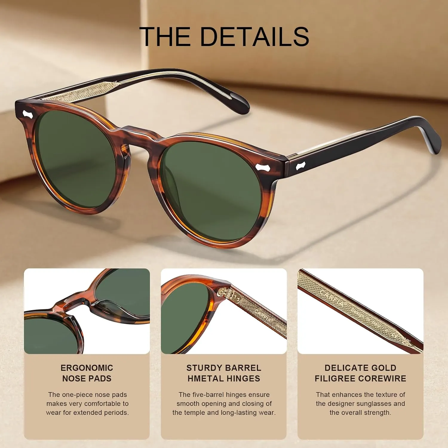 CARFIA Retro Acetate Polarized Sunglasses for Men UV Protection, Vintage Round Frame Eyewear with Gold Filigree CA5506