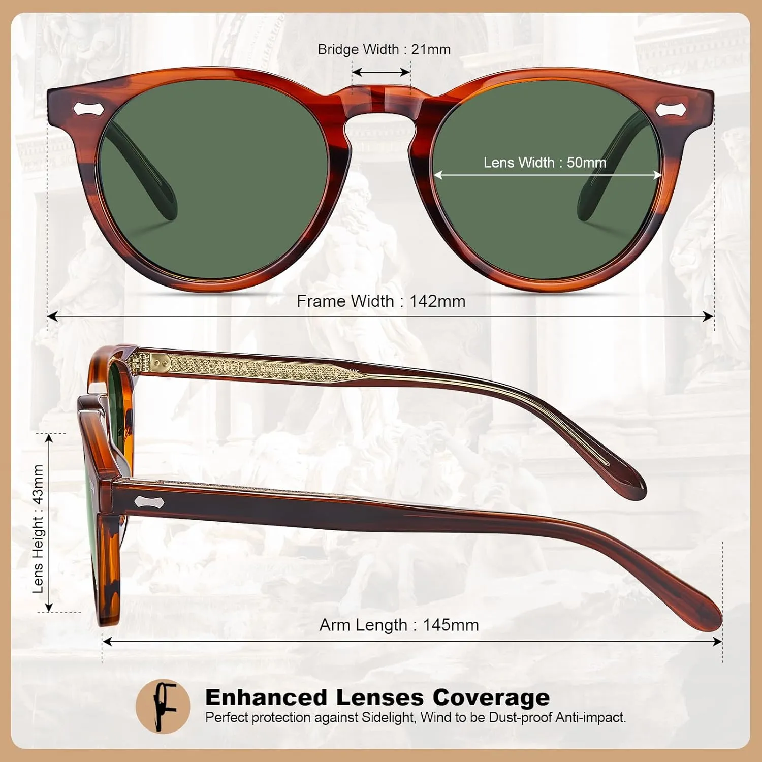 CARFIA Retro Acetate Polarized Sunglasses for Men UV Protection, Vintage Round Frame Eyewear with Gold Filigree CA5506