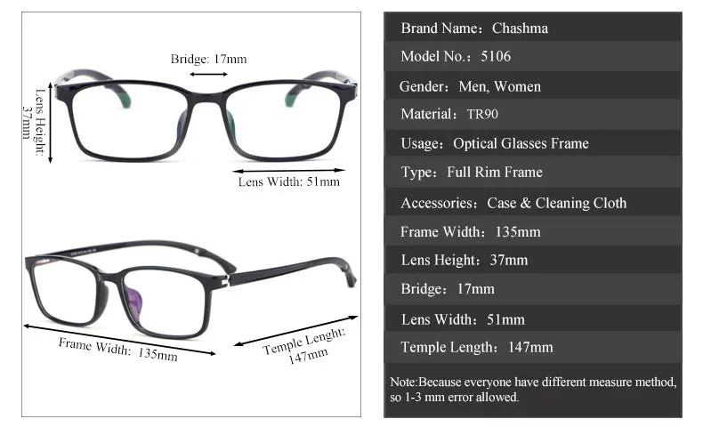 Chashma Ochki Unisex Full Rim Square Tr 90 Titanium Eyeglasses 5106