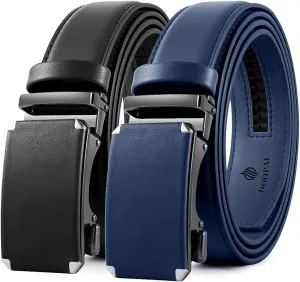 DOOPAI Men's 2 Pack Ratchet Dress Belt - Adjustable 1 3/8" Genuine Leather, Size Length Can Be Cut, With Gift Box