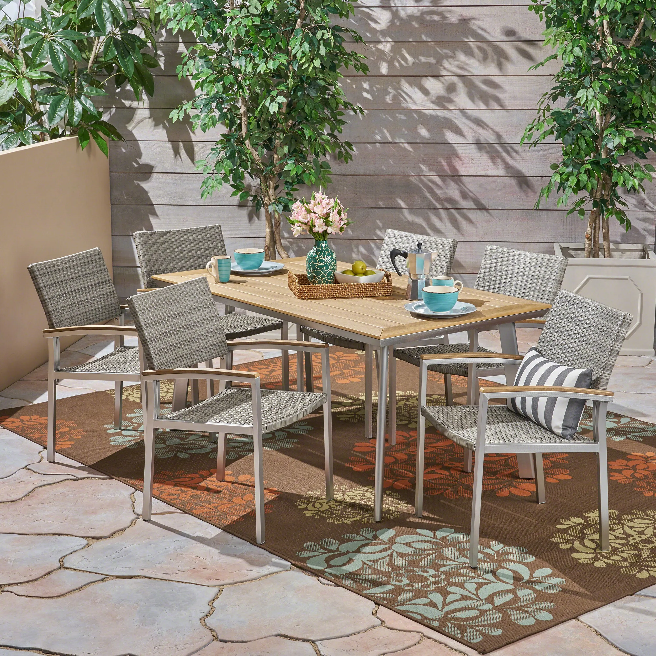 Erma Outdoor Aluminum 7-Piece Dining Set with Mesh Chairs and Faux Wood Top