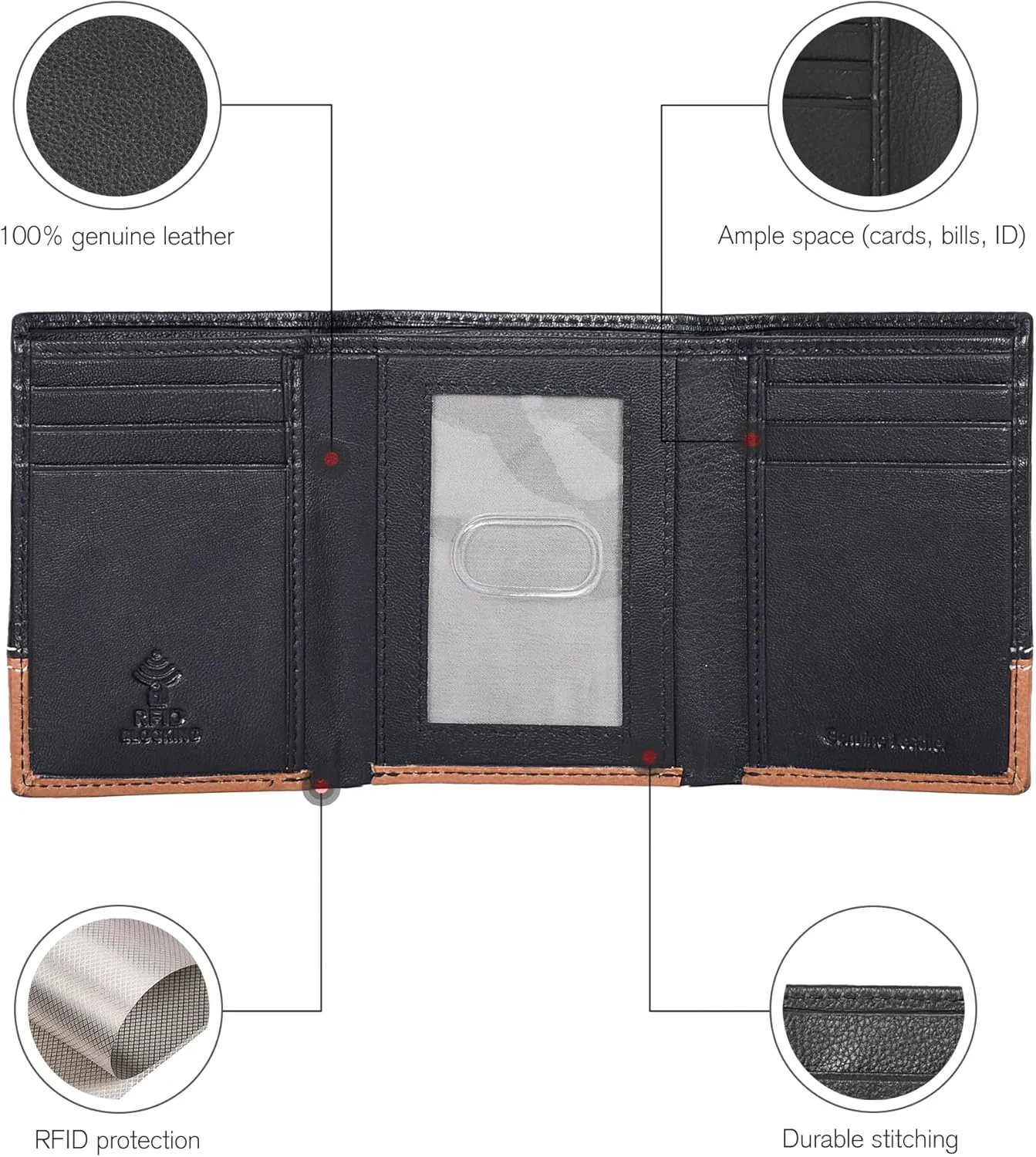 ESTALON Leather Trifold Wallet For Men - RFID Blocking - 6 Card Slots, 2 Slip Pockets & 1 Front ID Window - Minimalist Design, Slim Wallet