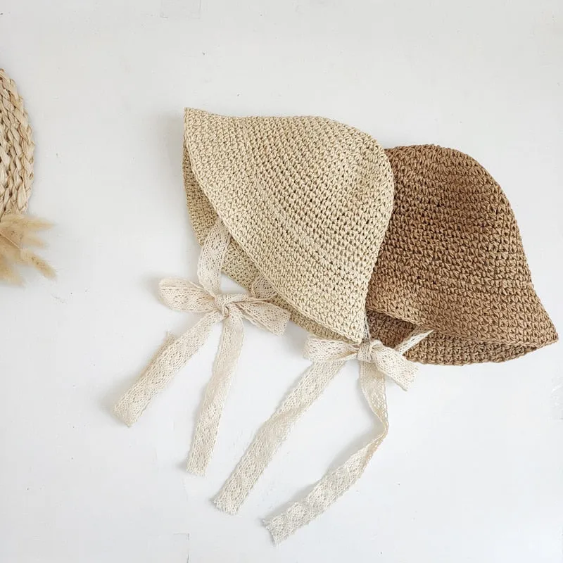 Fashionable Kids Summer Straw Hats with Lacing