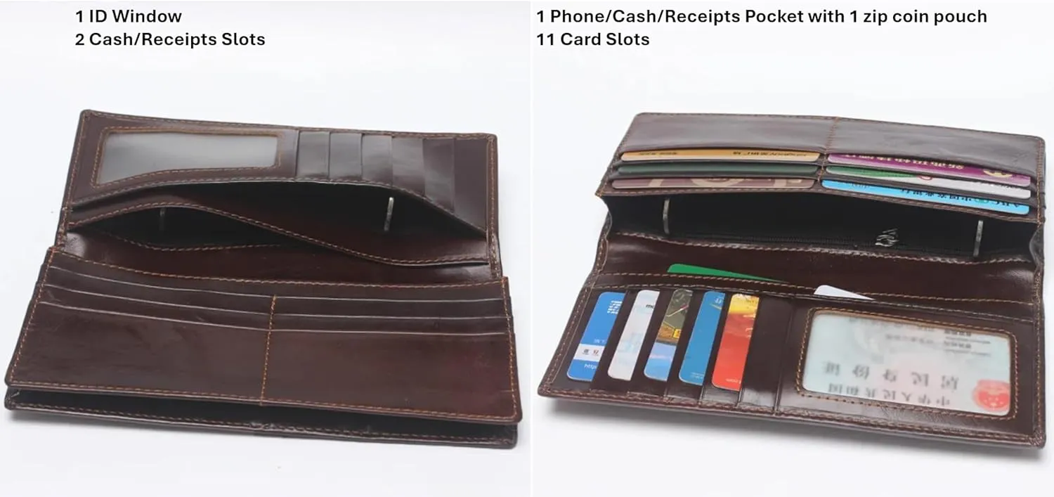 Genuine Leather Bifold Long Wallet for Men, Retro Vintage Embossed Clutch with Zipped Coin purse & Credit card Slots. RFID Blocking. Crocodile Tail- Coffee