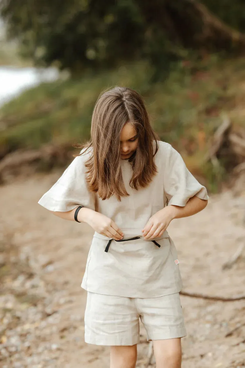 Girls' Pure Linen T1D Top with Integrated Pocket - OEKO-TEX® Certified, Made in Europe
