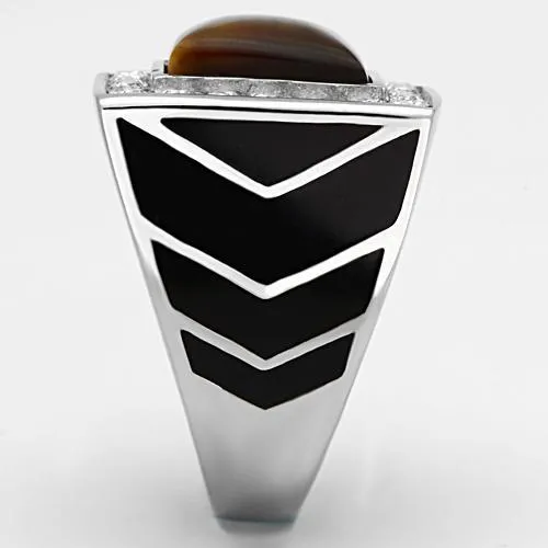 High polished (no plating) Stainless Steel Ring with Synthetic Tiger Eye in Topaz for Women Style TK938