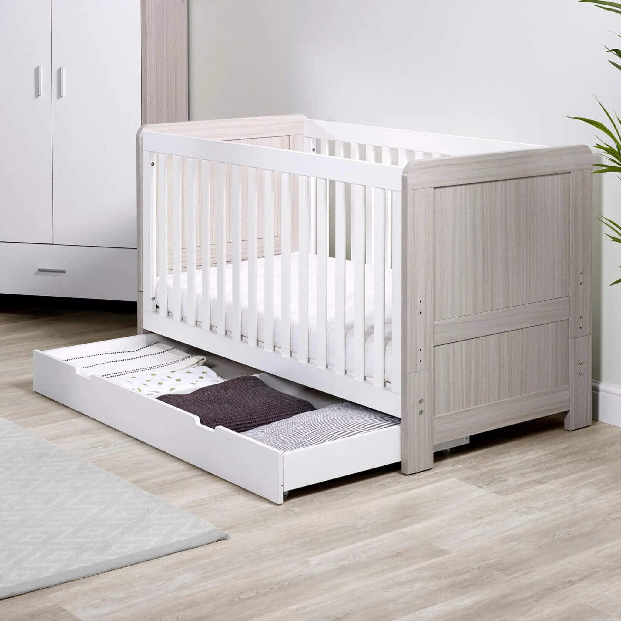 Ickle Bubba Pembrey Cot Bed and Under Drawer Ash Grey & White