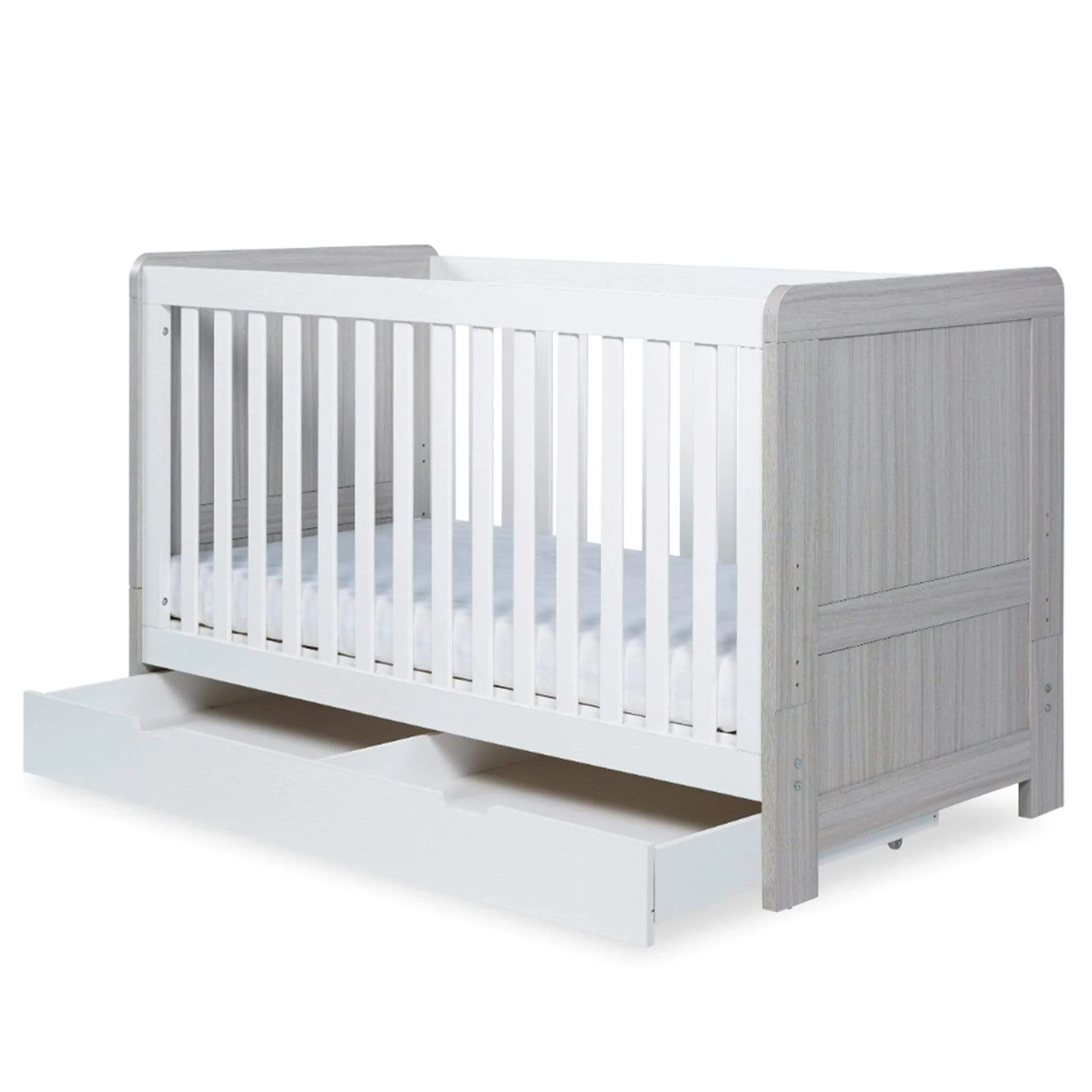Ickle Bubba Pembrey Cot Bed and Under Drawer Ash Grey & White