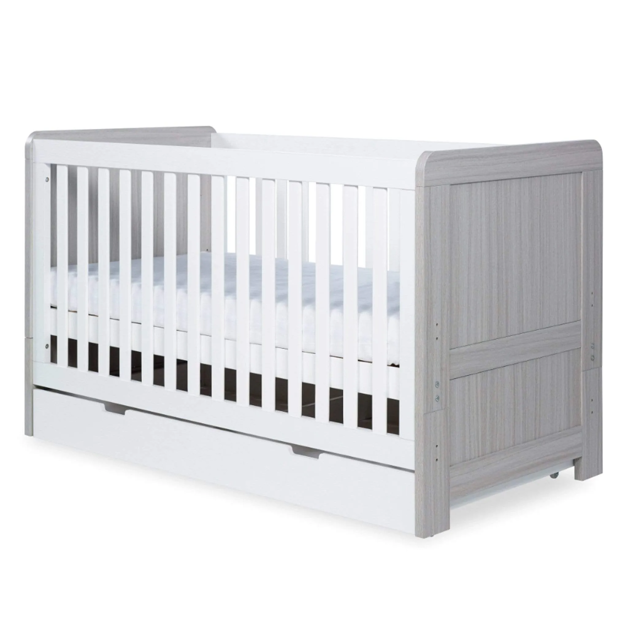 Ickle Bubba Pembrey Cot Bed and Under Drawer Ash Grey & White