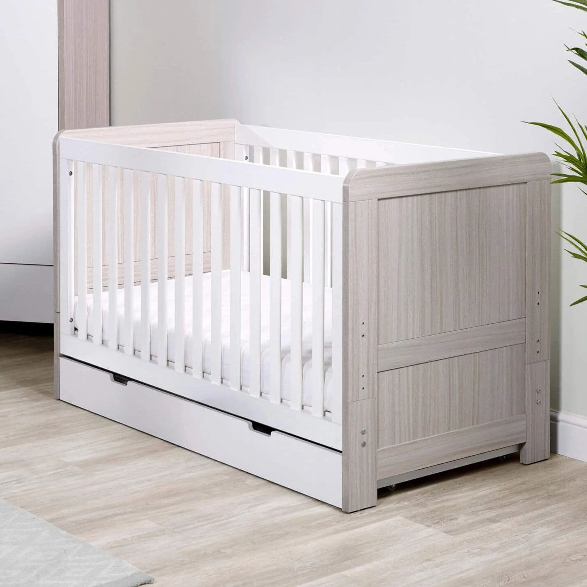Ickle Bubba Pembrey Cot Bed and Under Drawer Ash Grey & White