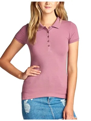 KOGMO Women's Lightweight Short Sleeve Solid Classic Jersey Button Up Polo Top