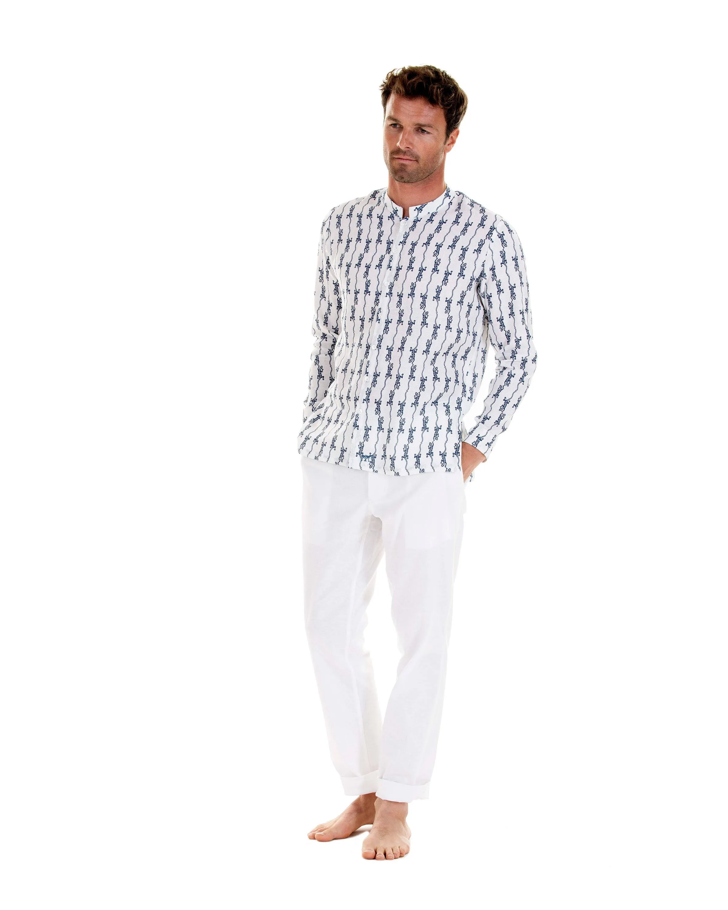 Linen Collarless Shirt GECKO