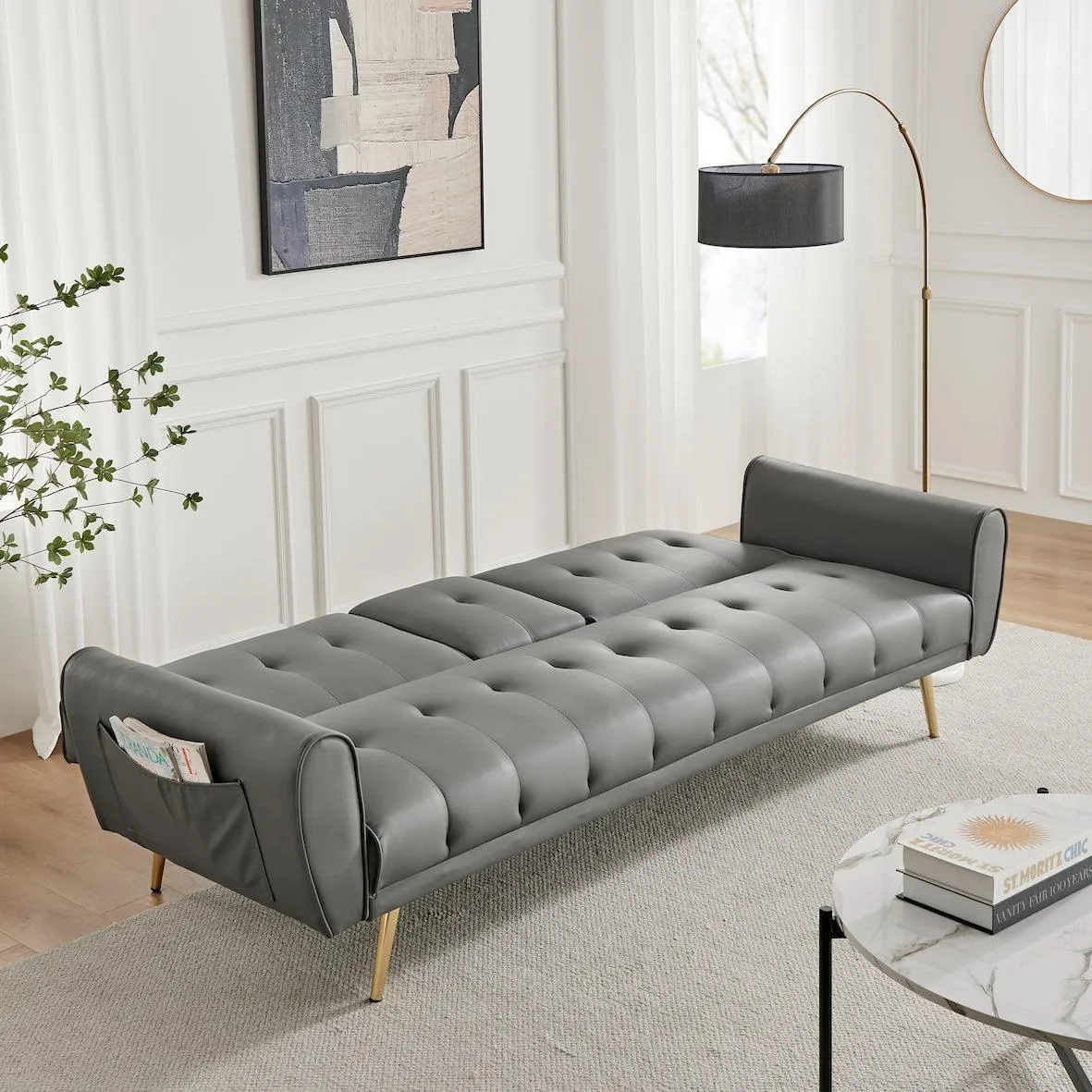 Lora Sofa Bed 3 Seater Faux Leather Click Clack  with 2 Cup Holders - Grey