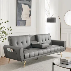 Lora Sofa Bed 3 Seater Faux Leather Click Clack  with 2 Cup Holders - Grey