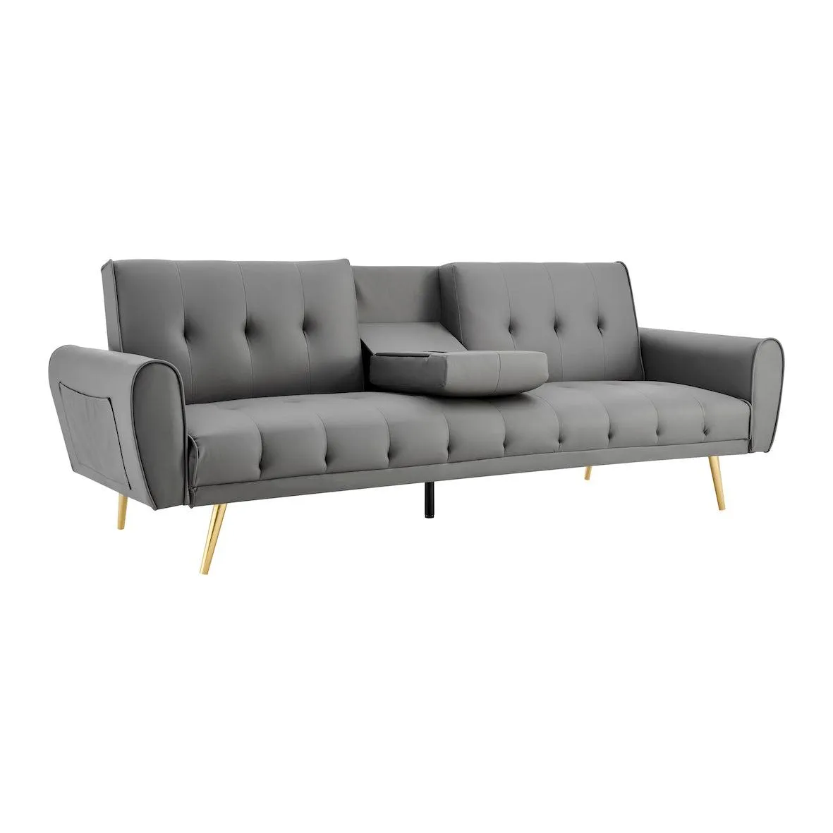Lora Sofa Bed 3 Seater Faux Leather Click Clack  with 2 Cup Holders - Grey