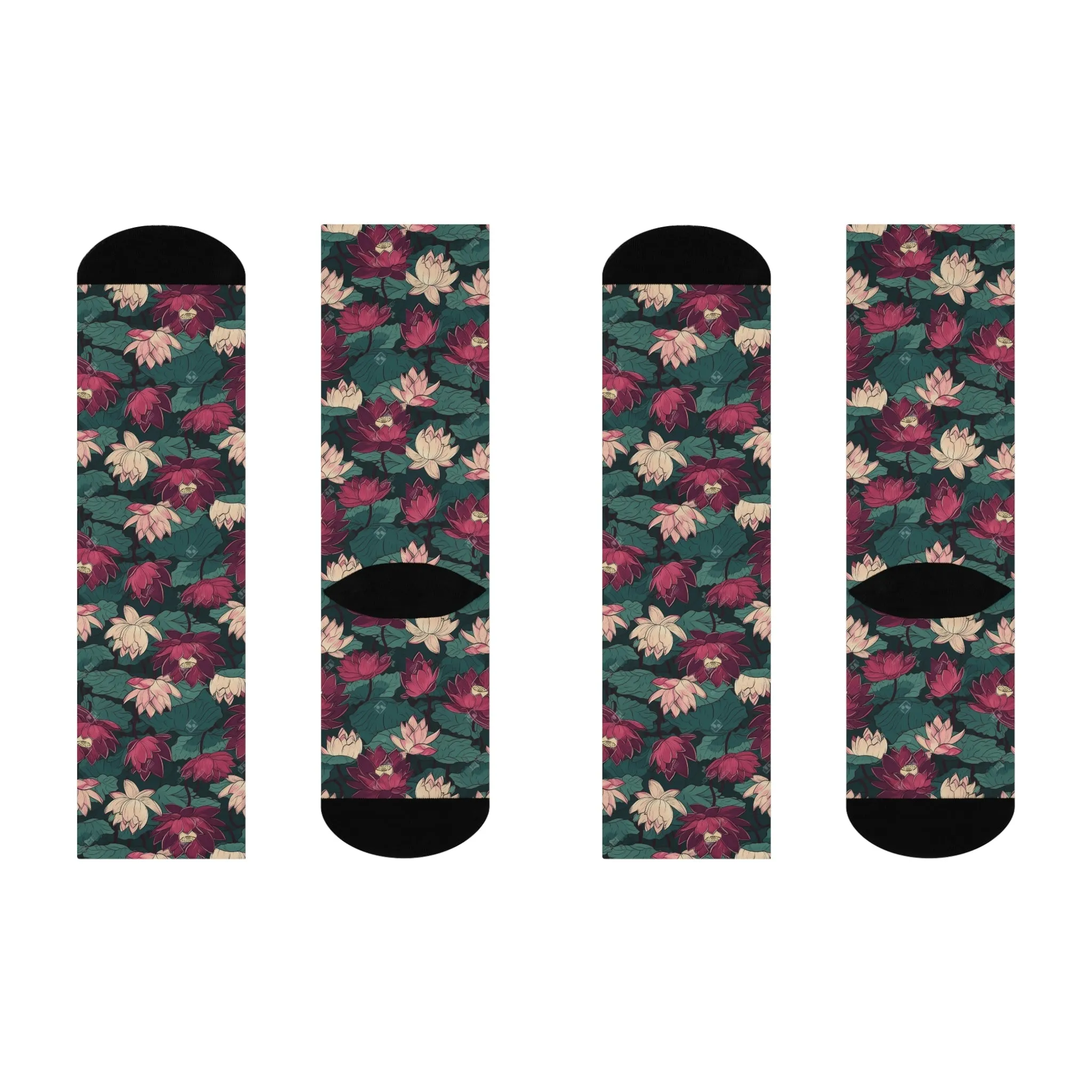 Lotus Flowers with Lily Pads Design Cushioned Crew Socks