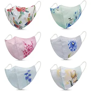 Pamirate ® Women's Without Valve 3 Layer Reusable Washable Digital Flower Printed Pure Cotton Face Mask (Pack of 6 Pcs, Fashion Flowers, Multicolour)