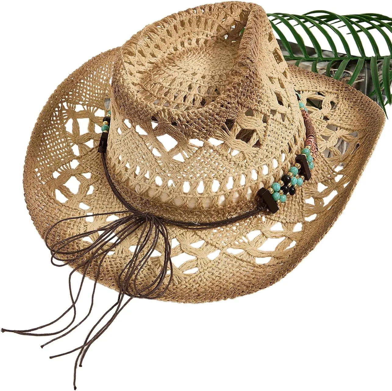 QWINEE Western Straw Cowboy Hat Cowgirl Hats Hollow Out Summer Beach Sun Hat for Women Men