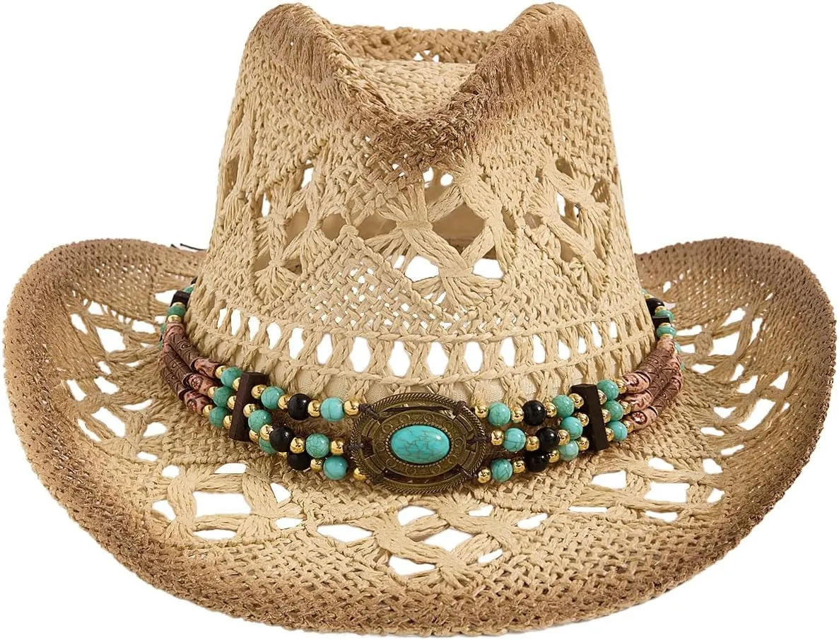 QWINEE Western Straw Cowboy Hat Cowgirl Hats Hollow Out Summer Beach Sun Hat for Women Men