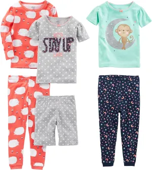Simple Joys by Carter's Babies, Toddlers, and Girls' 6-Piece Snug-Fit Cotton Pajama Set, Pack of 3