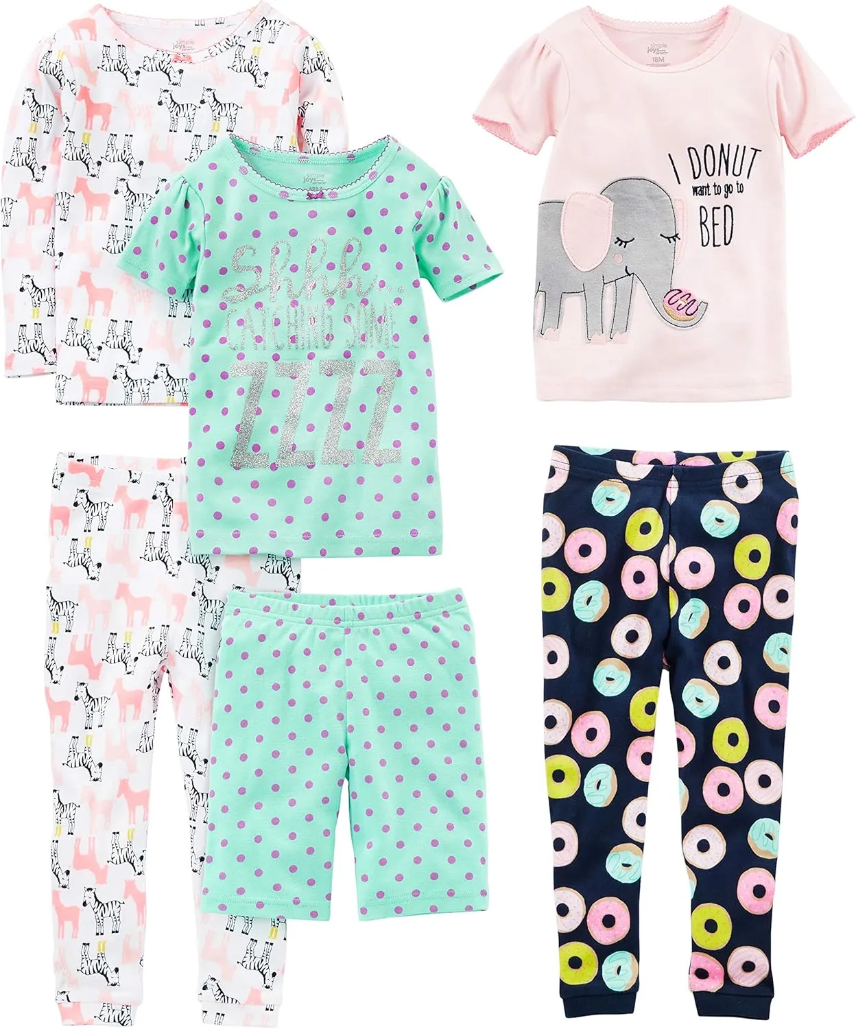 Simple Joys by Carter's Babies, Toddlers, and Girls' 6-Piece Snug-Fit Cotton Pajama Set, Pack of 3