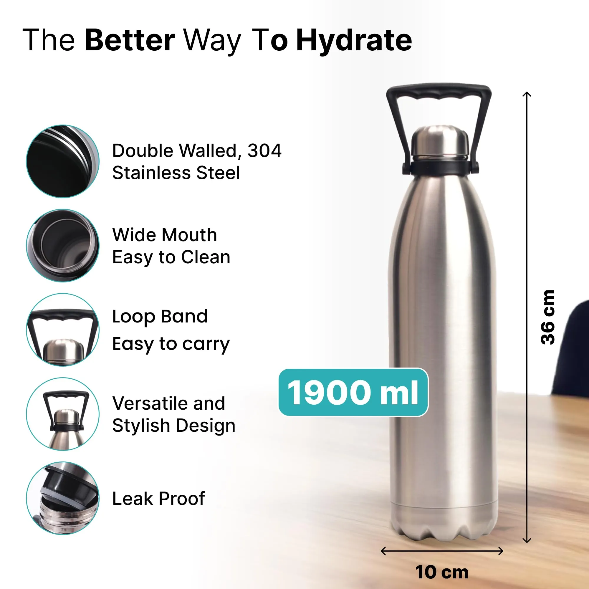 The Better Home 2000 | 1.9 LTR | Stainless Steel Water Bottle | Insulation Upto 8hrs Hot & 8hrs Cold | Leakproof | Pack of 2 | Silver