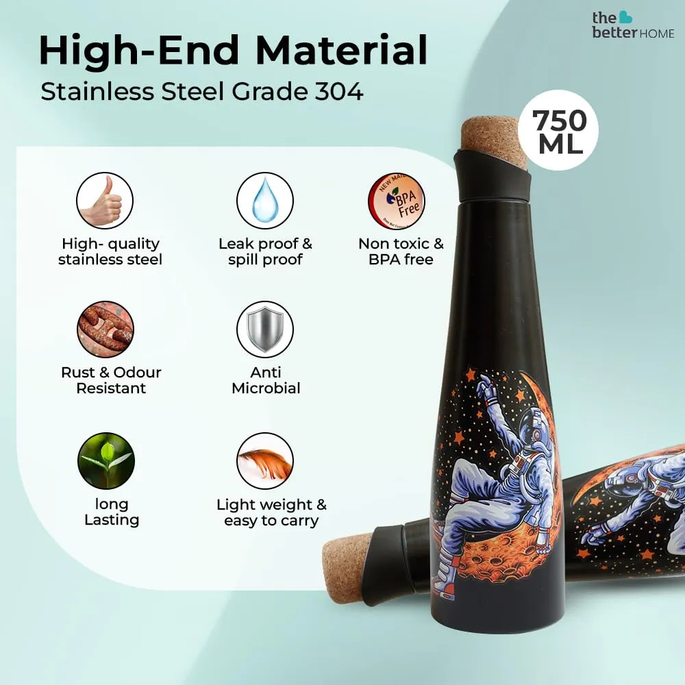 The Better Home Insulated Stainless Steel Water Bottle 500ml | 18 Hours Insulation Cork Cap | Hot Cold Gym Office School | Airtight Leak Proof BPA Free | Unique Astronaut Print | Pack of 1
