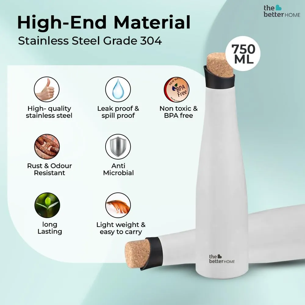 The Better Home Insulated Stainless Steel Water Bottle with Cork Cap | 18 Hours Insulation | Pack of 10-500ml Each | Hot Cold Water for Office School Gym | Leak Proof & BPA Free | White Colour