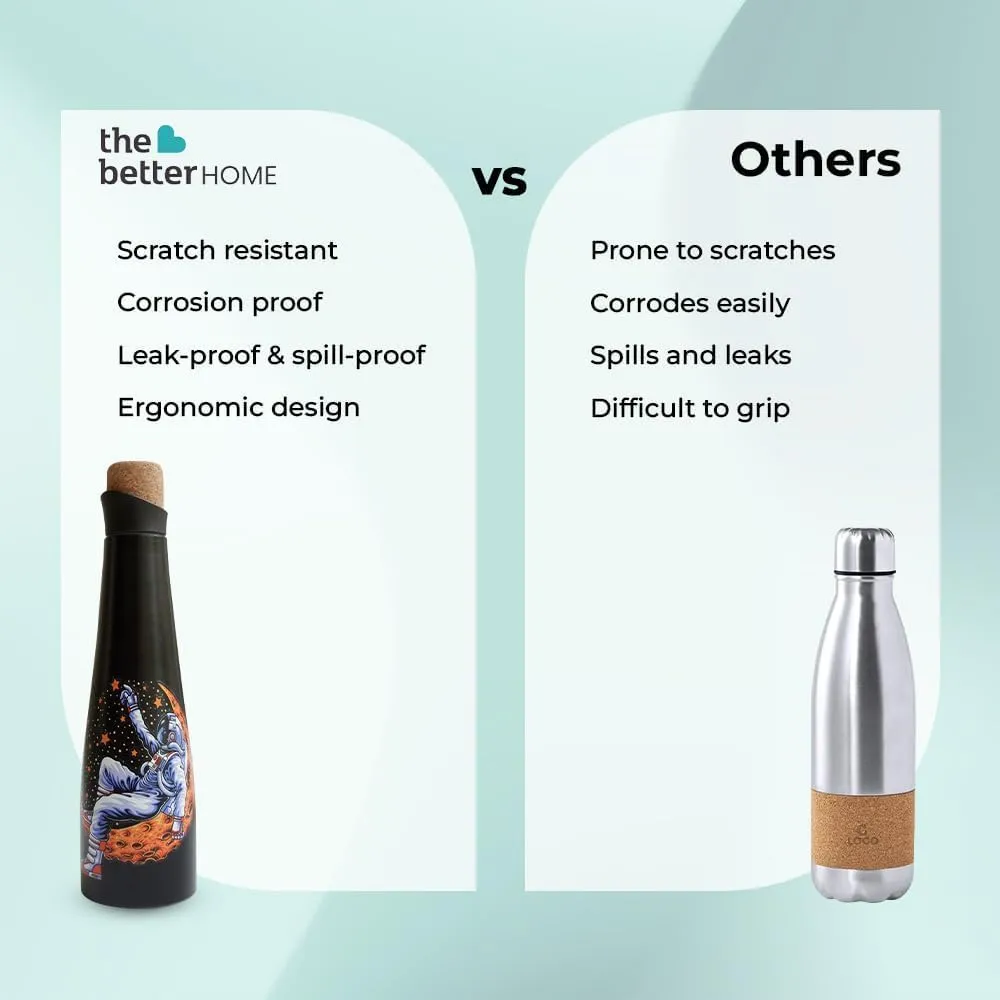 The Better Home Insulated Stainless Steel Water Bottle with Cork Cap | 18 Hours Insulation | Pack of 2-750ml Each | Hot Cold Water for Office School Gym | Leak Proof & BPA Free | Astronaut Design