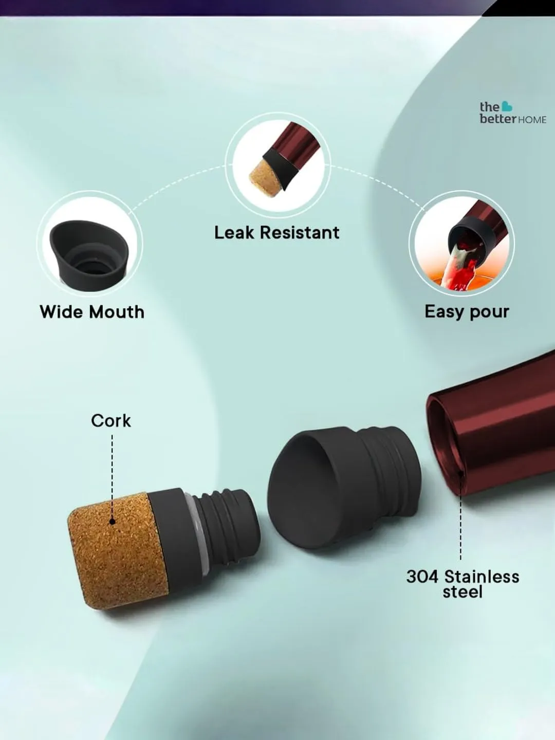 The Better Home Insulated Stainless Steel Water Bottle with Cork Cap | 18 Hours Insulation | Pack of 20-750ml Each | Hot Cold Water for Office School Gym | Leak Proof & BPA Free | Wine Colour