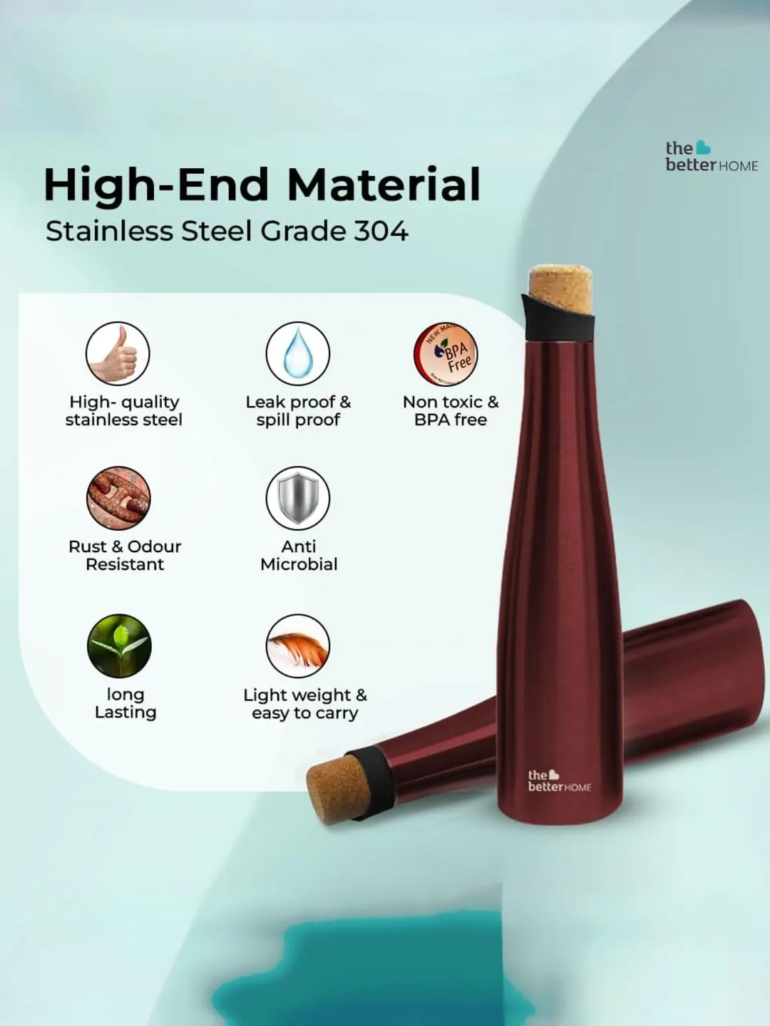 The Better Home Insulated Stainless Steel Water Bottle with Cork Cap | 18 Hours Insulation | Pack of 20-750ml Each | Hot Cold Water for Office School Gym | Leak Proof & BPA Free | Wine Colour