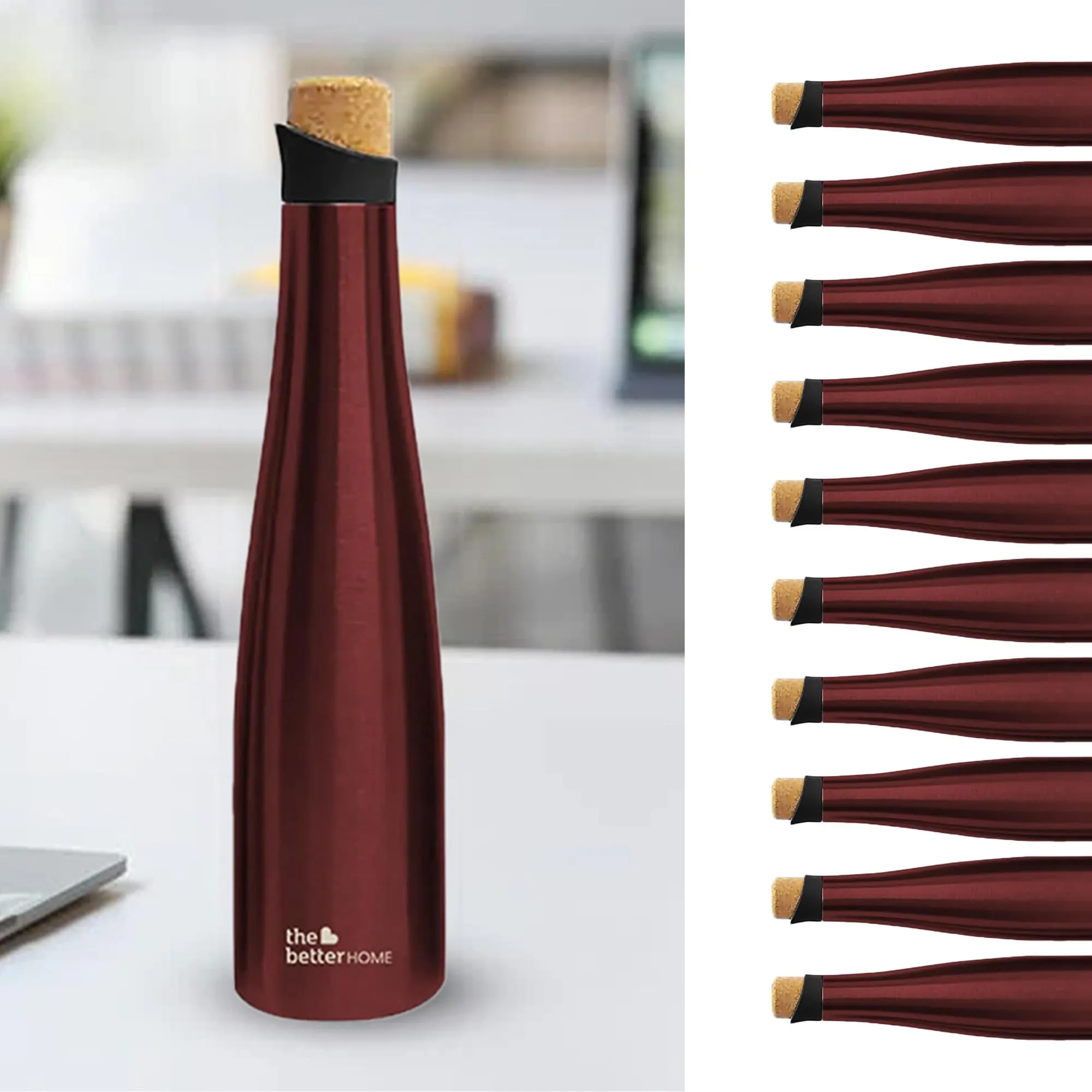 The Better Home Insulated Stainless Steel Water Bottle with Cork Cap | 18 Hours Insulation | Pack of 20-750ml Each | Hot Cold Water for Office School Gym | Leak Proof & BPA Free | Wine Colour
