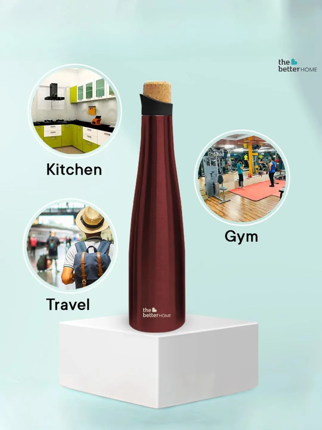 The Better Home Insulated Stainless Steel Water Bottle with Cork Cap | 18 Hours Insulation | Pack of 20-750ml Each | Hot Cold Water for Office School Gym | Leak Proof & BPA Free | Wine Colour