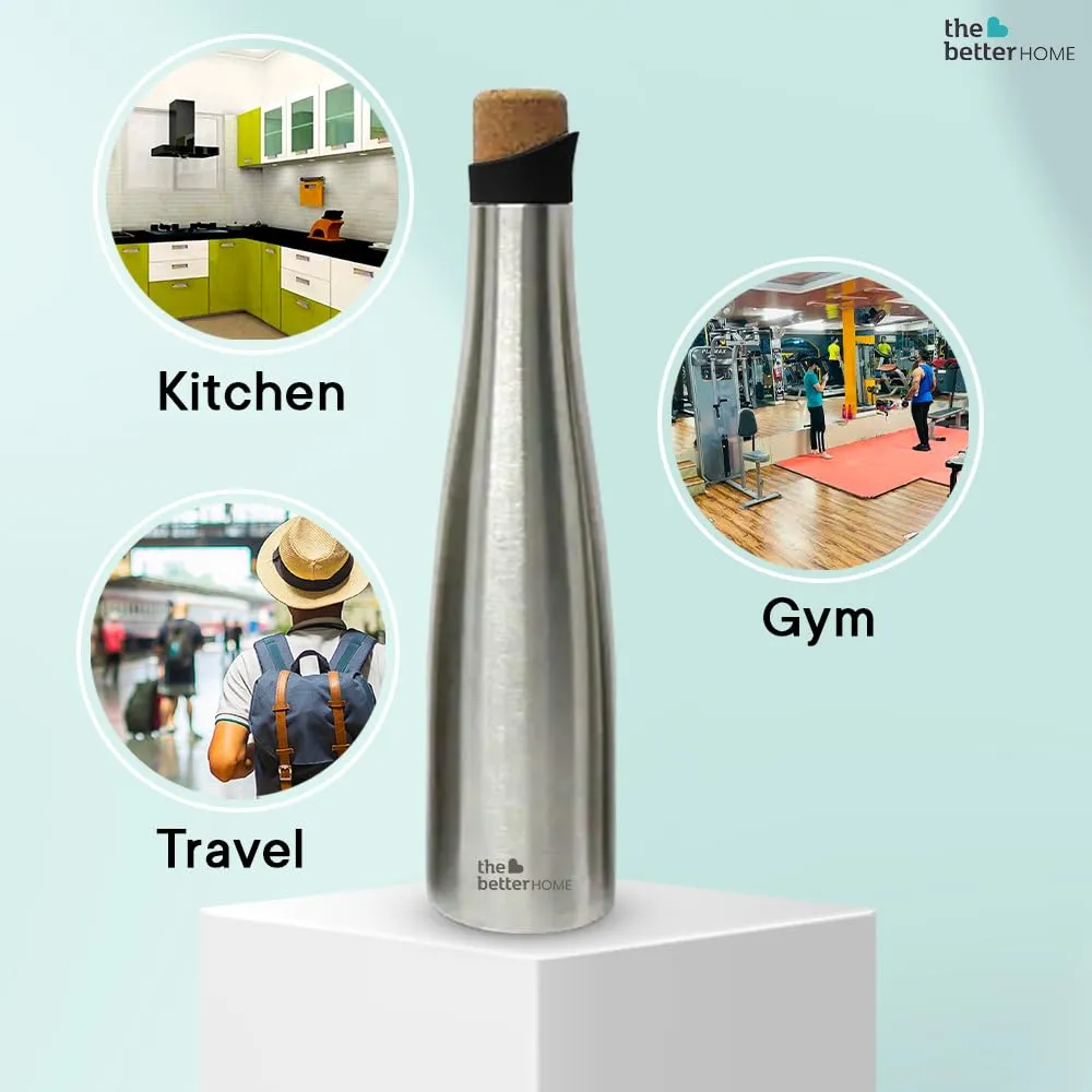 The Better Home Insulated Stainless Steel Water Bottle with Cork Cap | 18 Hours Insulation | Pack of 50-500ml Each | Hot Cold Water for Office School Gym | Leak Proof & BPA Free | Silver Colour