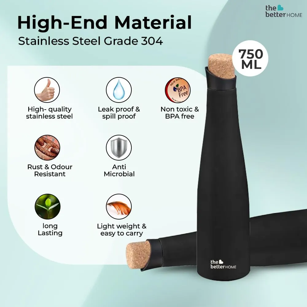 The Better Home Insulated Stainless Steel Water Bottle with Cork Cap | 18 Hours Insulation | Pack of 50-750ml Each | Cold Water for Office School Gym | Leak Proof & BPA Free | Black Colour