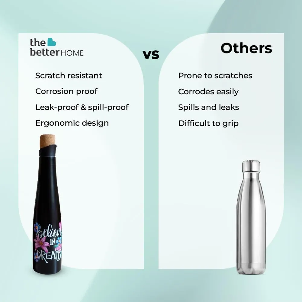 The Better Home Insulated Stainless Steel Water Bottle With Cork Cap 750ml | 18 Hours Of Insulation | Hot And Cold Water For Office School Gym | Airtight Leak Proof BPA Free | Motivational Quote Print